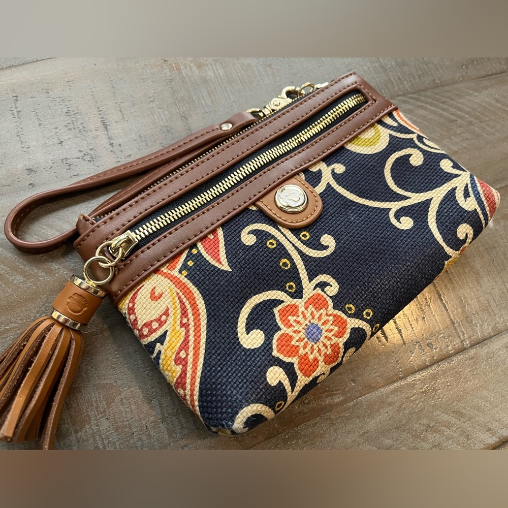 Spartina 449 Daufuskie Island Brown Leather & Multicolor Floral Canvas Wristlet